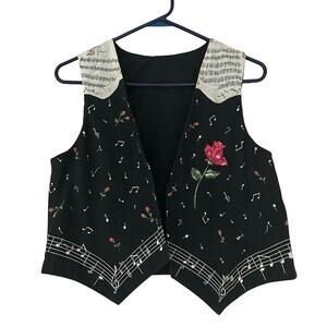 Vintage Handmade vest music notes sheet music rose 80s 90s retro Cottagecore S
